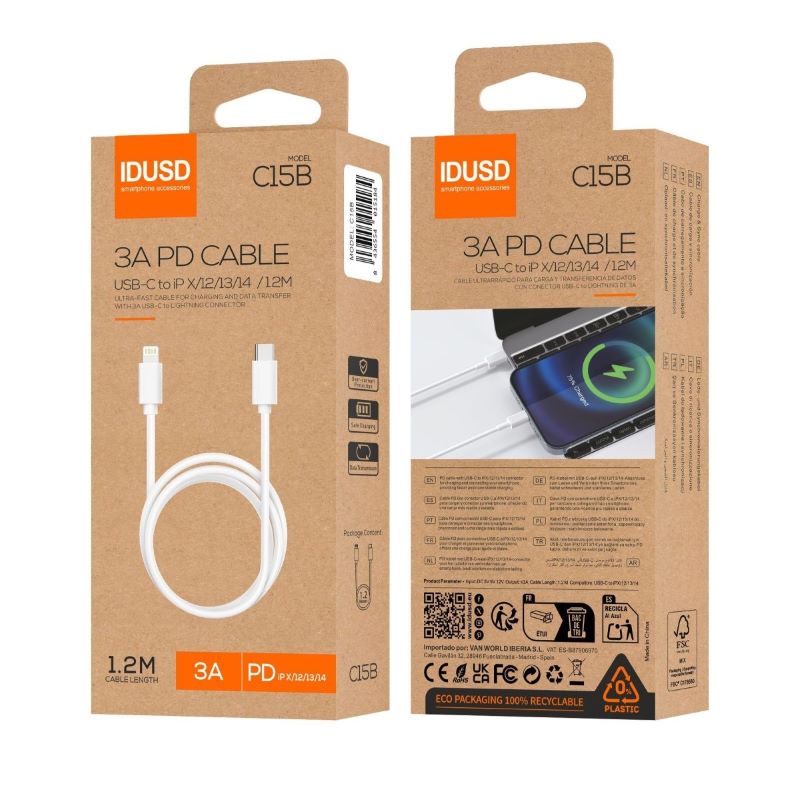 Cabo Type-C A Lightning 18W 3A 1.20Mts C15B - Idusd - Image 2