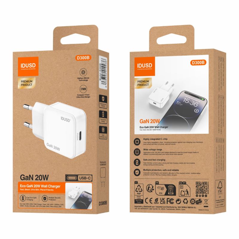 Carregador Parede Gan PD20W 1xType-C D300B - Idusd - Image 2