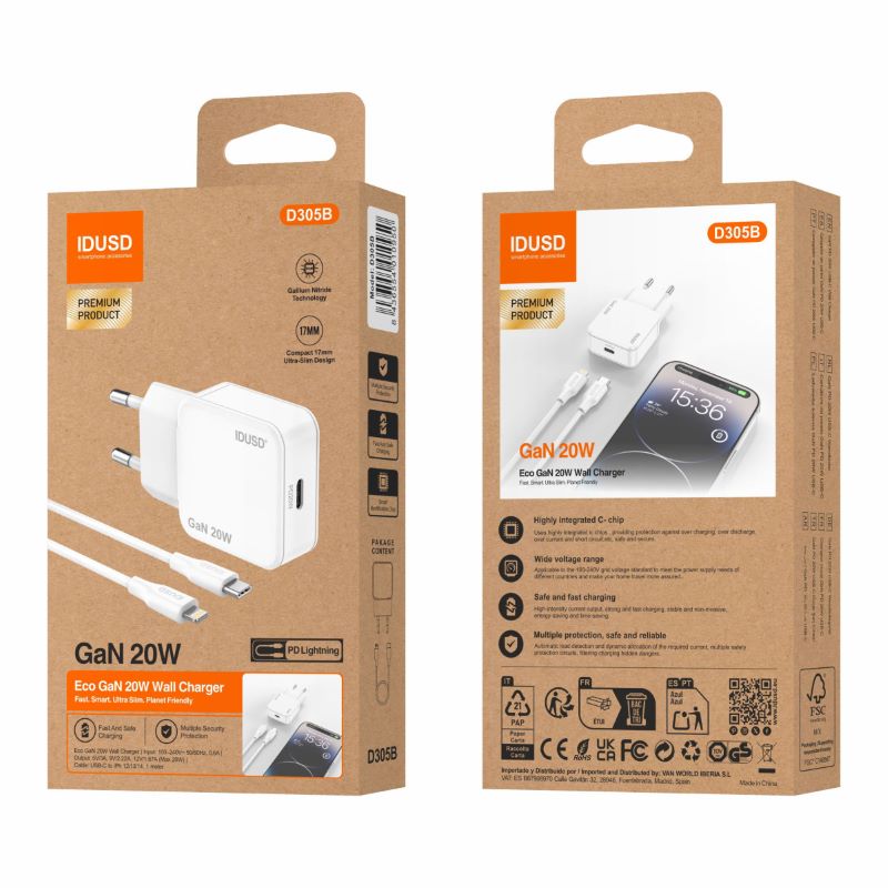 Carregador Gan USB-C PD20W + PD Lightning D305B - Idusd - Image 2