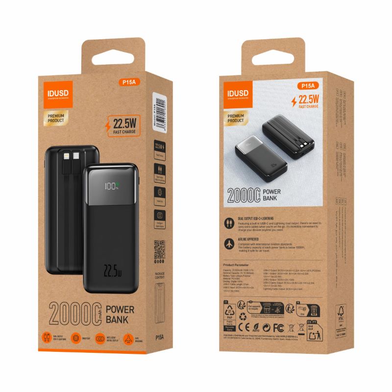Power Bank Flow 20.000mAh 22.5W Preta P15A - Idusd - Image 2