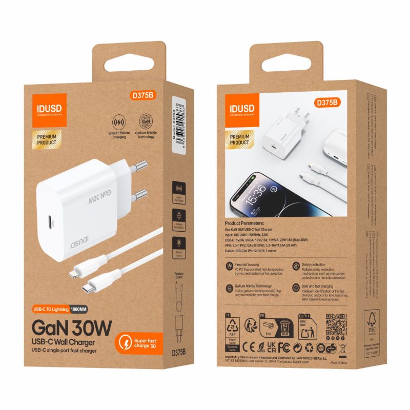 Carregador GaN PD30W USB-C a Lightning D375B - Idusd - Image 2
