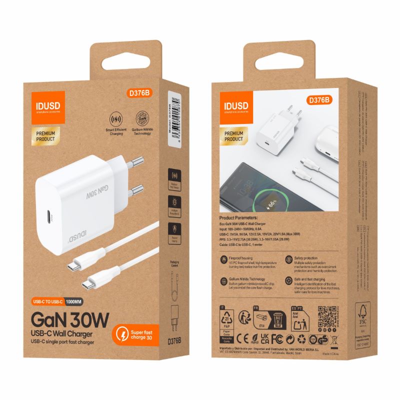 Carregador GaN PD30W USB-C a USB-C D376B - Idusd - Image 2
